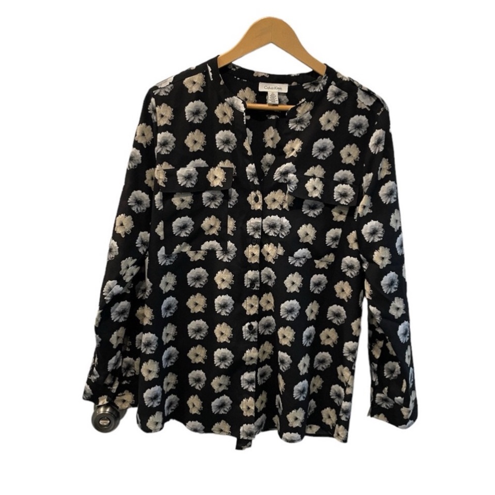 Calvin Klein Black Brown Floral Women’s Blouse Top Large Button Up long Sleeve